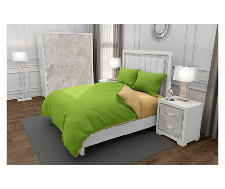 Lenjerie de pat pentru o persoana cu husa elastic pat si fata perna patrata, duo green, bumbac ranforce, gramaj tesatura 120 g/m Duo