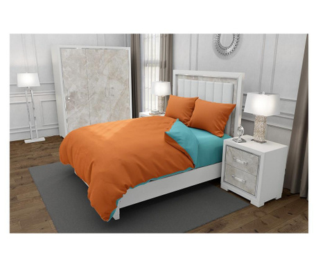Lenjerie de pat pentru o persoana cu husa elastic pat si fata perna patrata, duo orange, bumbac ranforce, gramaj tesatura 120 g/ Duo