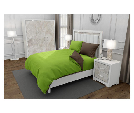 Lenjerie de pat pentru o persoana cu husa elastic pat si 2 fete perna patrata cu mix culoare, duo green, bumbac ranforce, gramaj Duo