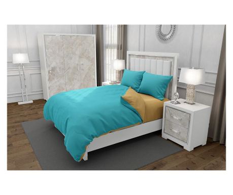 Lenjerie de pat matrimonial cu husa elastic pat si 4 huse perna dreptunghiulara, duo beige, bumbac ranforce, gramaj tesatura 120