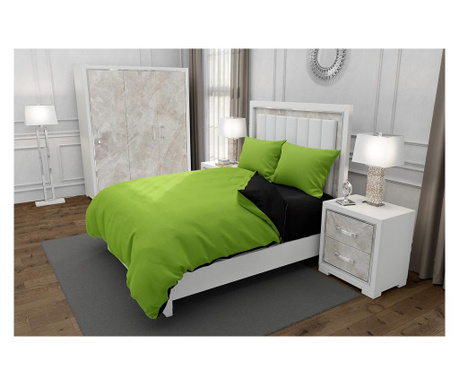 Lenjerie de pat pentru o persoana cu 2 huse de perna patrata, duo green, bumbac ranforce, gramaj tesatura 120 g/mp, verde/negru, Duo