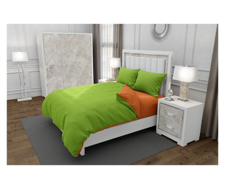 Lenjerie de pat pentru o persoana cu 2 huse de perna patrata, duo green, bumbac ranforce, gramaj tesatura 120 g/mp, verde/portoc Duo