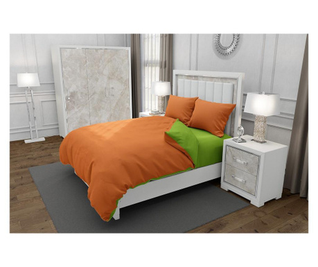 Lenjerie de pat pentru o persoana cu husa de perna patrata, duo green, bumbac ranforce, gramaj tesatura 120 g/mp, portocaliu/ver Duo