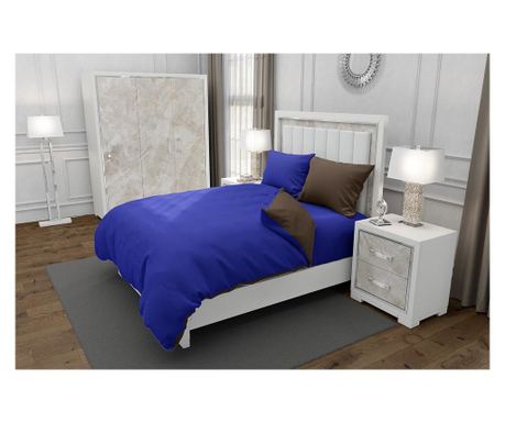 Lenjerie de pat pentru o persoana cu husa elastic pat si 2 fete perna dreptunghiulara cu mix culoare, duo blue, bumbac ranforce,