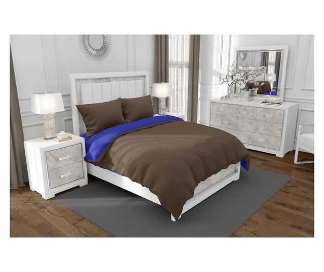Lenjerie de pat matrimonial cu husa elastic pat si fata perna patrata, duo blue, bumbac ranforce, gramaj tesatura 120 g/mp, maro