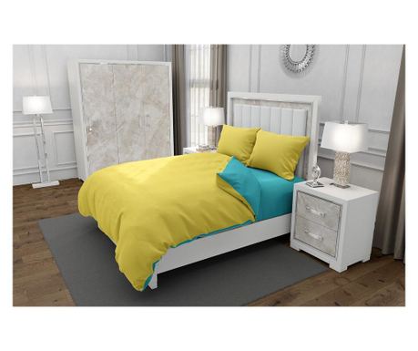 Lenjerie de pat pentru o persoana cu husa de perna patrata, duo yellow, bumbac ranforce, gramaj tesatura 120 g/mp, galben/blue,
