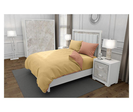 Lenjerie de pat pentru o persoana cu husa elastic pat si 2 fete perna patrata cu mix culoare, duo cream, bumbac ranforce, gramaj Duo