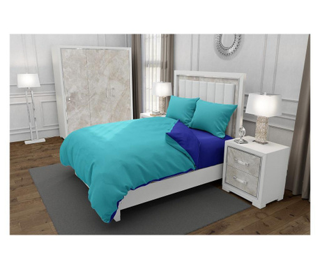 Lenjerie de pat pentru o persoana cu husa elastic pat si 2 fete perna patrata, duo blue, bumbac ranforce, gramaj tesatura 120 g/