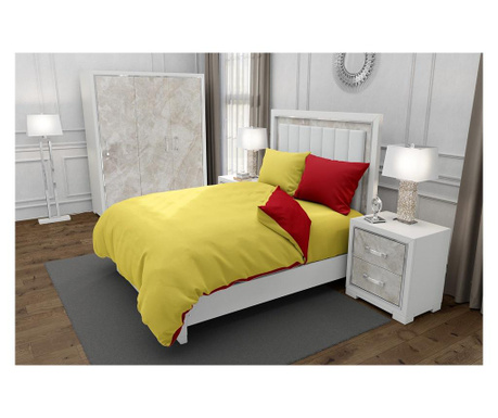 Lenjerie de pat pentru o persoana cu husa elastic pat si 2 fete perna dreptunghiulara cu mix culoare, duo yellow, bumbac ranforc