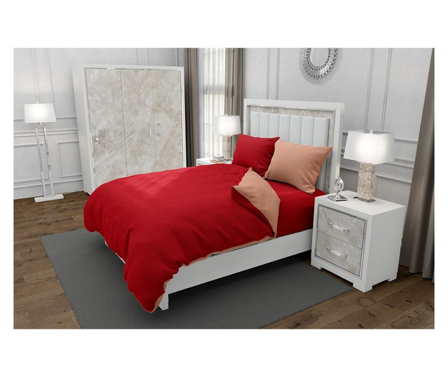 Lenjerie de pat pentru o persoana cu 2 huse de perna dreptunghiulara cu mix culoare, Duo Red, bumbac satinat, gramaj tesatura 12