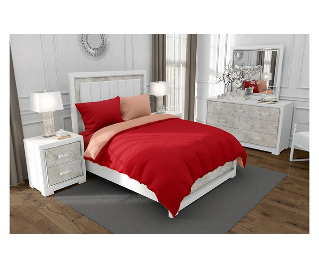 Lenjerie de pat pentru o persoana cu husa elastic pat si 2 fete perna patrata cu mix culoare, duo red, bumbac ranforce, gramaj t