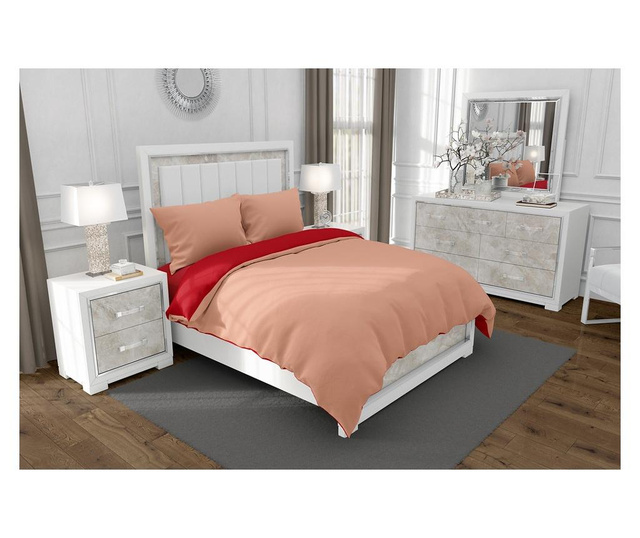 Lenjerie de pat pentru o persoana cu husa elastic pat si 2 fete perna patrata, Duo Red, bumbac satinat, gramaj tesatura 120 g/mp