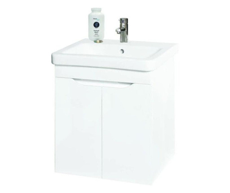 Долен pvc конзолен шкаф за баня с порцеланова мивка Макена Хелиос бял, конзолен, плавно затваряне, водоустойчивост