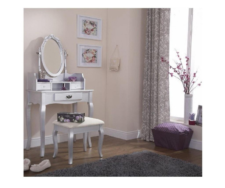 SEG104 - Set Masa Argintie toaleta cosmetica machiaj oglinda masuta, scaun, taburet tapitat