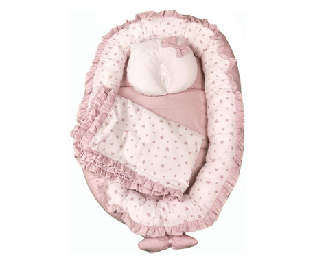 Cuib baby nest bebelusi cu paturica si pernuta - stelute roz pe alb lux by deseda