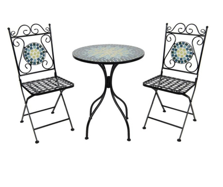 Set 2 scaune pliabile si masa fier forjat negru decorata cu mozaic albastru galben Ø 60 cm x 72 h  0