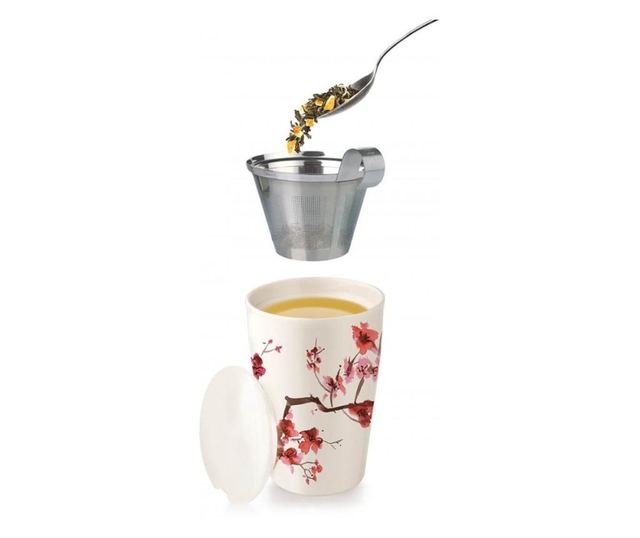 Cana Kati Cherry Blossoms din ceramica, cu capac si infuzor din otel inoxidabil, 350 ml