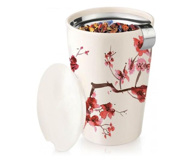 Cana Kati Cherry Blossoms din ceramica, cu capac si infuzor din otel inoxidabil, 350 ml