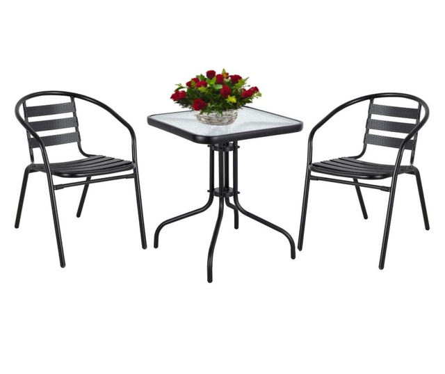 Градински сет маса с 2 стола, метал/алуминий черен  74х54х62 см
