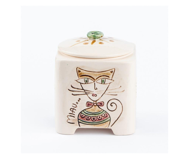 Recipient decorativ din ceramica pentru biscuiti, detaliu pisica