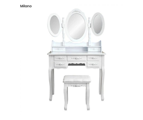 Tükrös Fésülködő asztal, sminkasztal, székkel, Milano, fehér