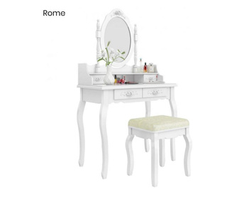 Tükrös fésülködő asztal, sminkasztal, székkel, Rome fehér