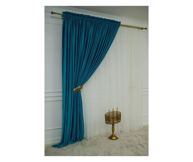 Set od 2 zavjese, baršun s trakom, jednobojne, neprozirne, tirkizne, 200x250 cm