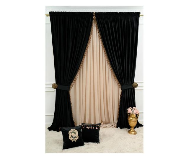Set od 2 baršunastih zavjesa, neprozirne, s trakom, crne, s dodacima 140x250 cm