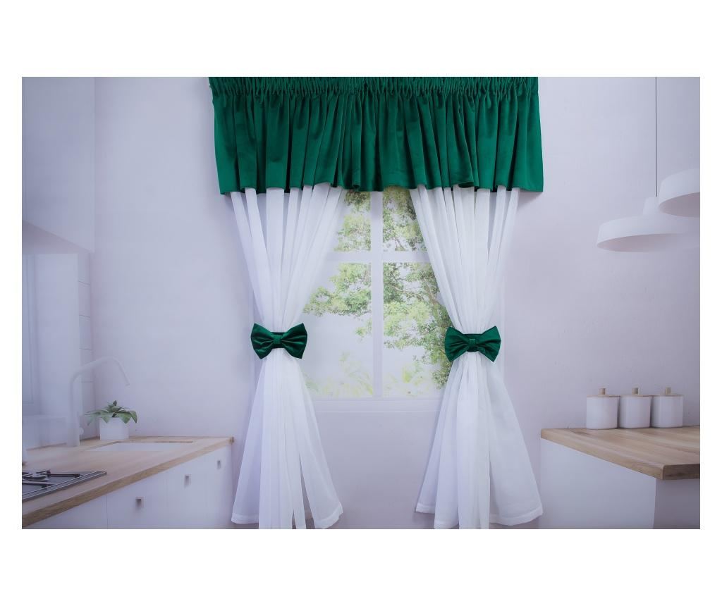 Bijela kuhinjska zavjesa s volanom od zelene baršunaste tkanine, s trakom, 200 x 130 - 2
