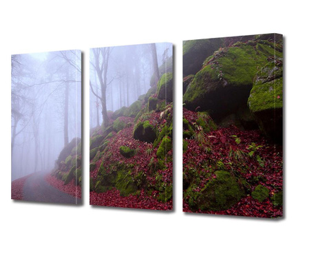 Set Tablouri Multicanvas 3 piese, Covor de frunze rosii in padure, Panza pe cadru de lemn, 3 x 20 x 30 cm