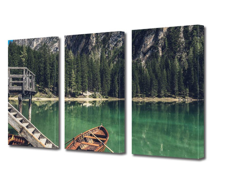 Set Tablouri Multicanvas 3 piese, Peisaj de munte cu barca si brazi, Panza pe cadru de lemn, 3 x 30 x 45 cm
