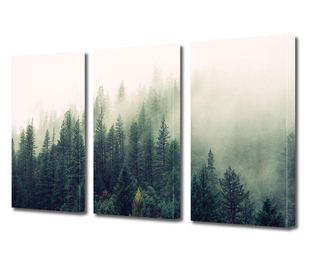 Set Tablouri Multicanvas 3 piese, Peisaj cu padure de brazi acoperita de ceata, Panza pe cadru de lemn, 3 x 50 x 70 cm