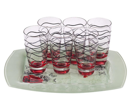 Сет поднос и 6 чаши за вода Red rose