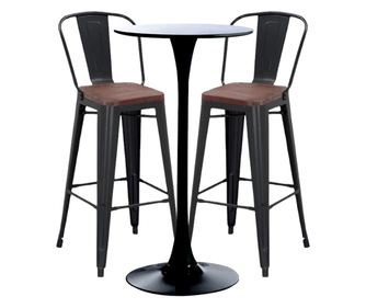 RAKI Set bar/cafenea, masa neagra 60x101cm si doua scaune metalice negre cu spatar sezut lemn 46x43x107cm