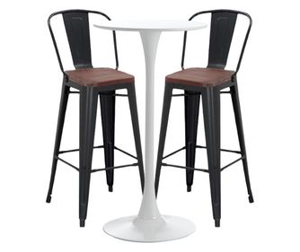 RAKI Set bar/cafenea, masa alba 60x101cm si doua scaune metalice negre cu spatar sezut lemn 46x43x107cm