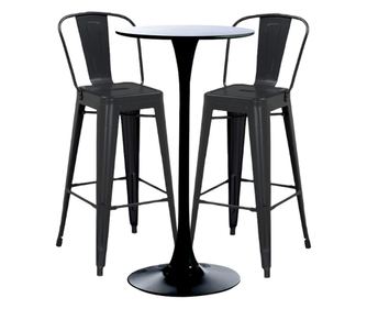 RAKI Set bar/cafenea, masa neagra 60x101cm si doua scaune metalice negre cu spatar 46x43x107cm
