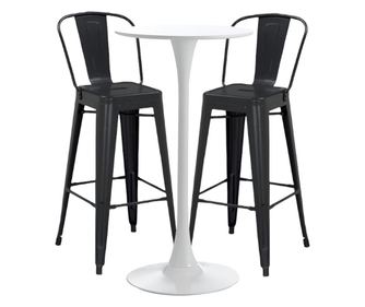 RAKI Set bar/cafenea, masa alba 60x101cm si doua scaune metalice negre cu spatar 46x43x107cm Raki