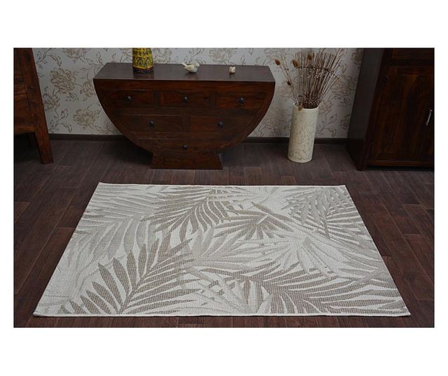 FLOORLUX Sisal String Rug 20504 Leaves, champagne / dark gray JUNGLE 200x290 cm