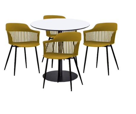 RAKI Set mobilier dining bucatarie, masa rotunda cu blat MDF melaminat 80x75cm cu 4 scaune Florida 53x59x81cm galben negru