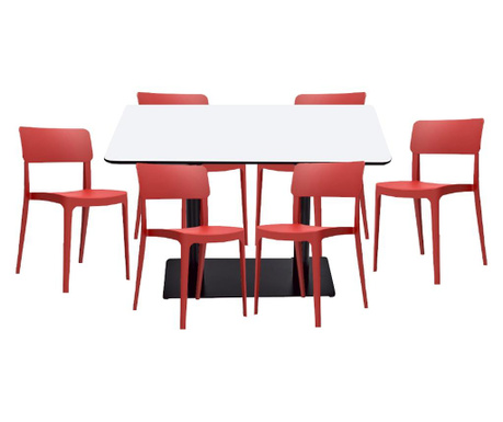 RAKI Set mobilier dining, masa dreptunghiulara cu blat MDF melaminat 120x80x75cm cu 6 scaune Pano 47,1x45,3xH81,9cm rosii