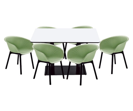RAKI Set mobilier, masa dreptunghiulara cu blat MDF melaminat 120x80x75cm cu 6 scaune tip fotoliu HAVANA 61x64xh74cm verde