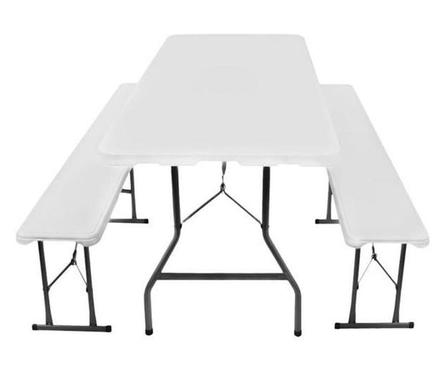 Set Masa de gradina cu 2 banci, pentru terasa sau curte, pliabila, dreptunghiulara, otel, 180x75,5x74, gri