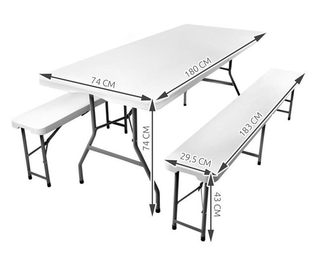 Set Masa de gradina cu 2 banci, pentru terasa sau curte, pliabila, dreptunghiulara, otel, 180x75,5x74, gri