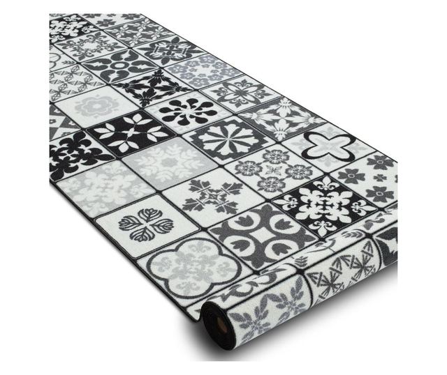 Пътеки противоплъзгаща основа 133cm AZULEJO КРЕПОВА РАБОТА, ЛИЗАБОНОВИ ПЛОЧКИ сиво / черно 133x1400 cm