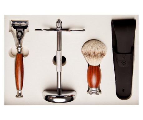 Set cadou barbierit cu Safety Razor, 3 lame, maner din lemn mahon, Mach 3, pamatuf par bursuc si suport metal