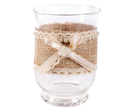 Изящна декоративна ваза изработена от стъкло, украсена с бежов лен и перли.