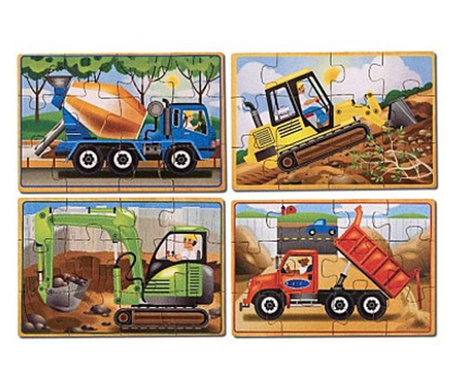 Set 4 puzzle din Lemn in Cutie - Vehicule pentru Constructii