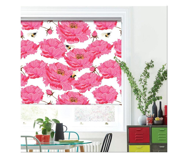 Roleta Art Shade tip Jaluzea cu Rulou si sistem inclus, Bujori roz cu albinute, Decoratiuni, Latime 95 cm x Inaltime 130 cm