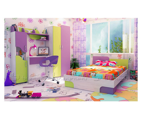 Детско обзавеждане BM-Joy, с легло за матрак 120/190, дъб крафт - бял, зелен пастел, светъл виолет