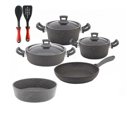 Set 10 piese Hascevher Germanitium 2 oale 3l si 4,9l cu capac, cratita 3,9l cu capac, tigaie 22cm, tava 30cm, lingura, spatula